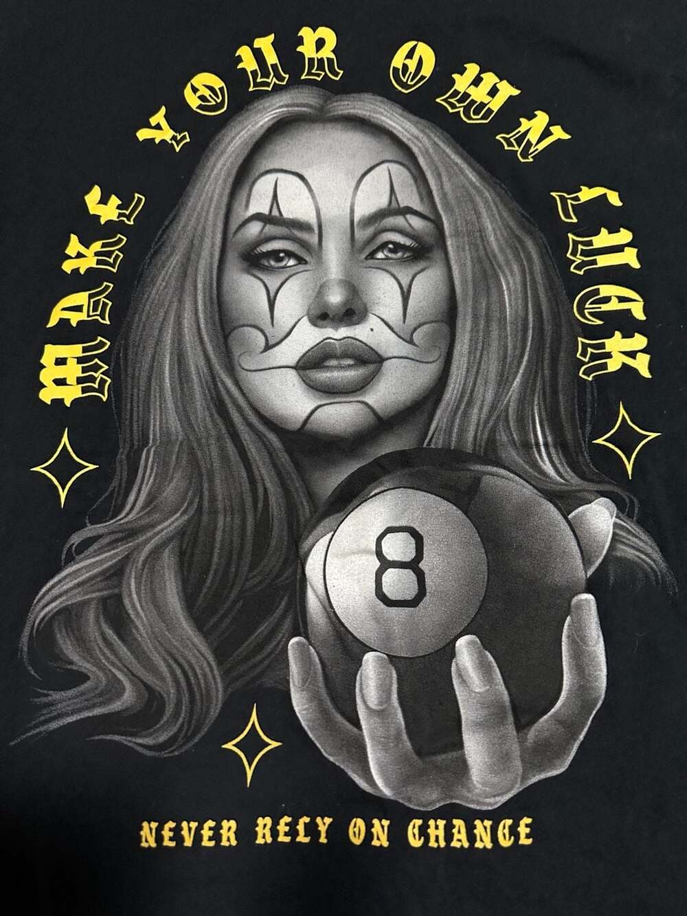 DOM 'Make Your Own Luck' Graphic T-Shirt w/Clown Girl & 8-Ball Design, Large
